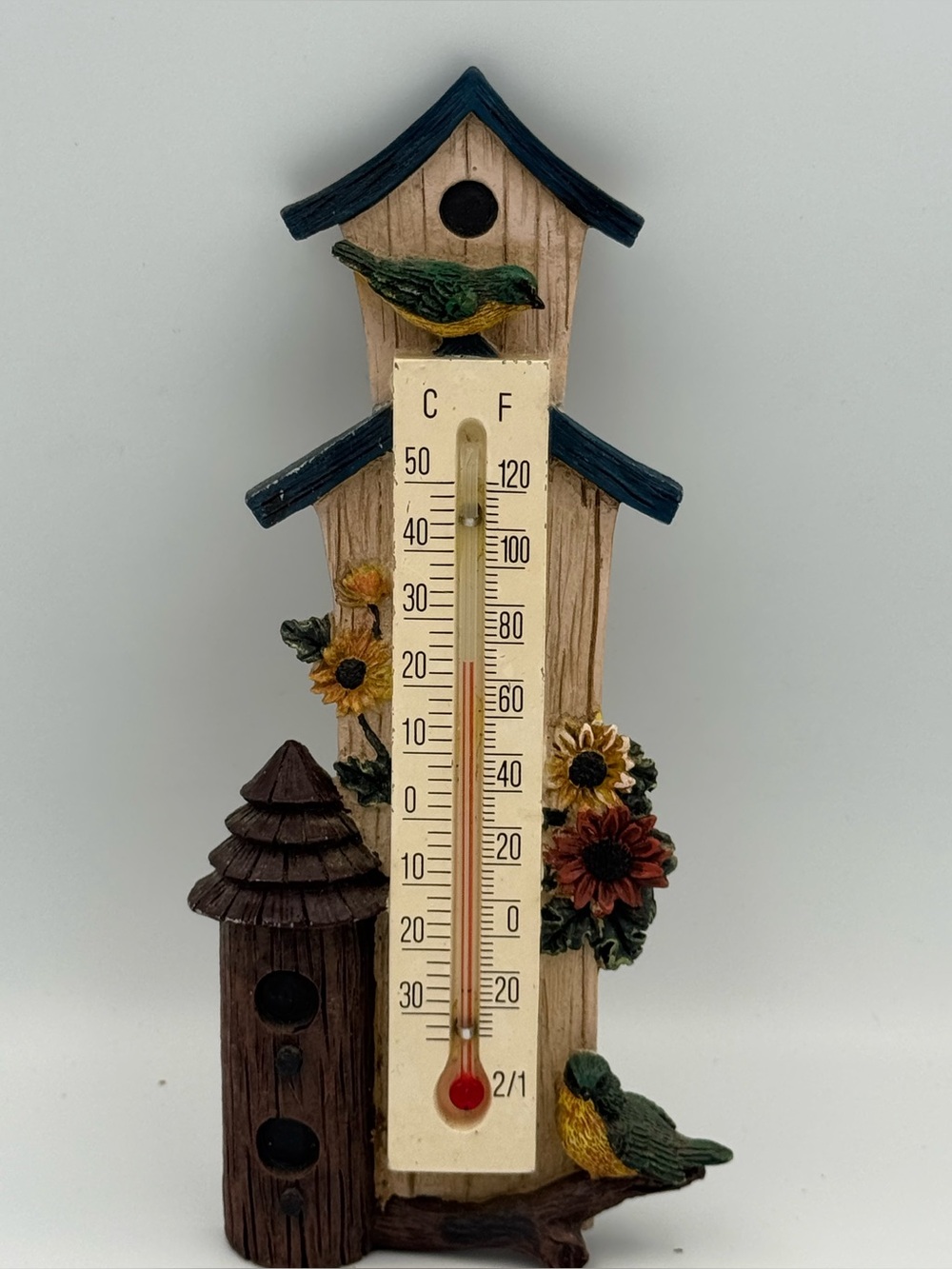 Vintage AcuRite Birdhouse Thermometer Birds Sunflowers Cottagecore Wall Decor